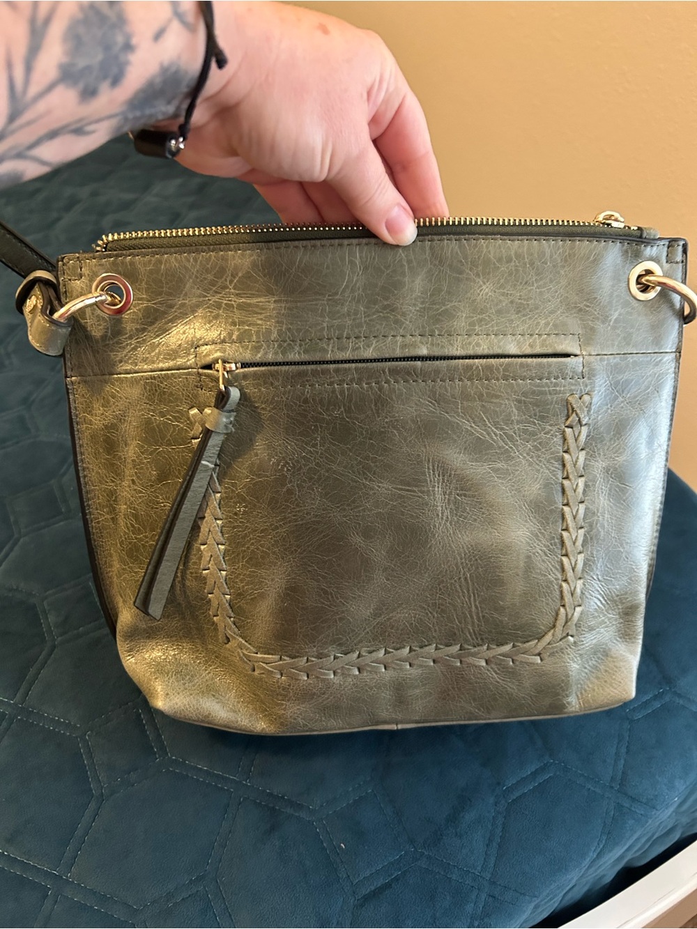 Tommy Bahama Olive Green Braided Detail Distressed Leather Crossbody